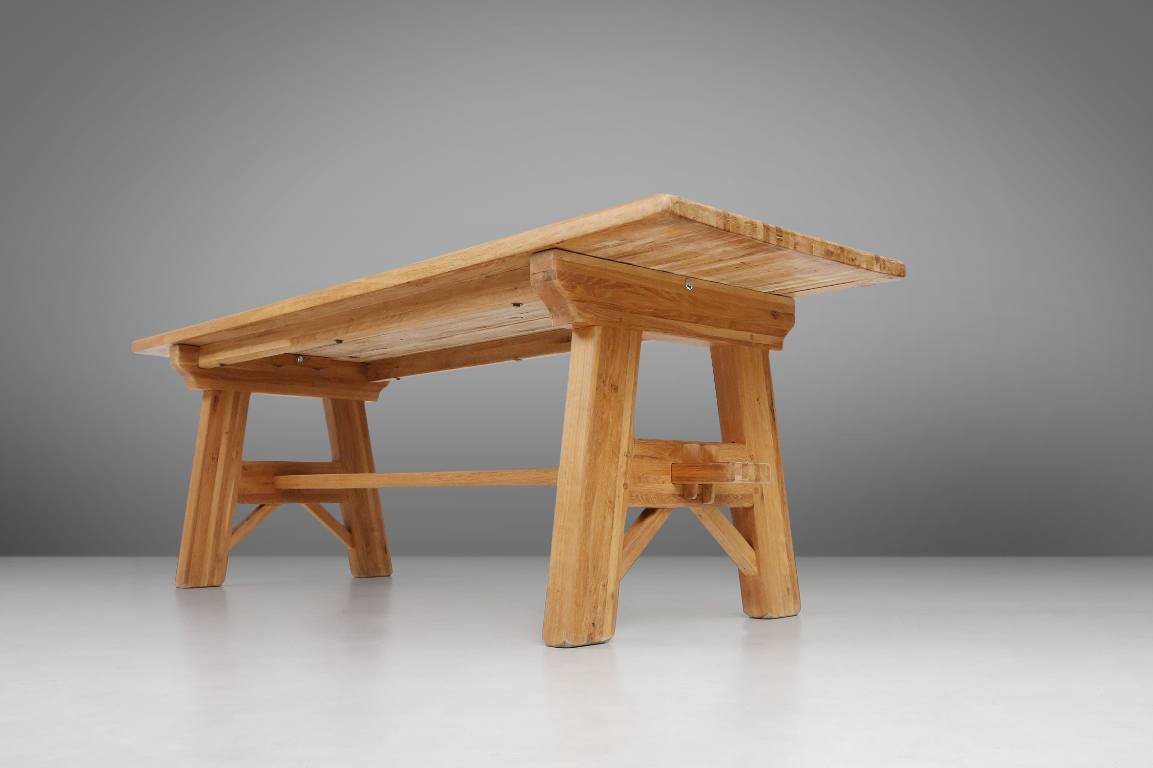 Mid-century brutalist dining table in solid oak, France ca. 1960thumbnail